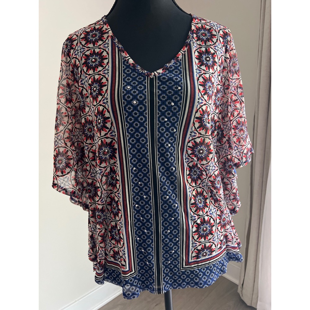 INC International Concepts Womens Medium Blue Red Mesh Rhinestone Tunic Top Boho